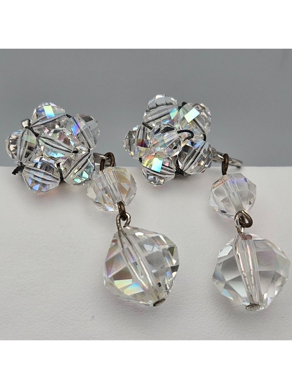 Aurora Borealis Crystal Clip Earrings Vintage Dangle Handmade